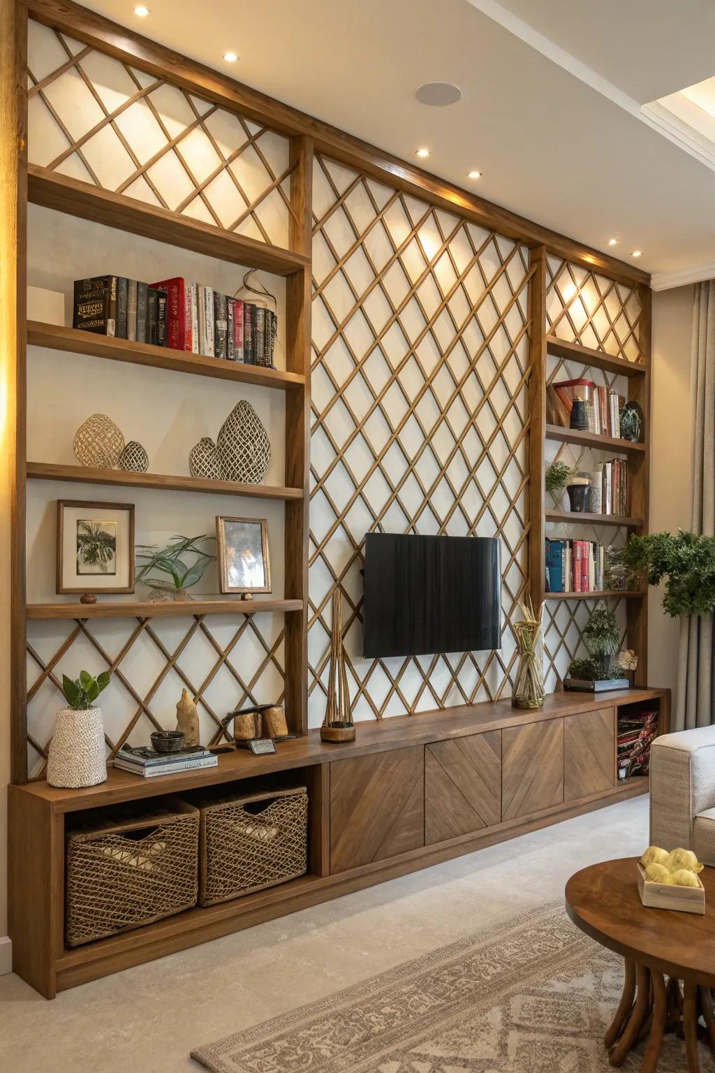 Lattice wall with integrated shelves, perfect for both storage and display.