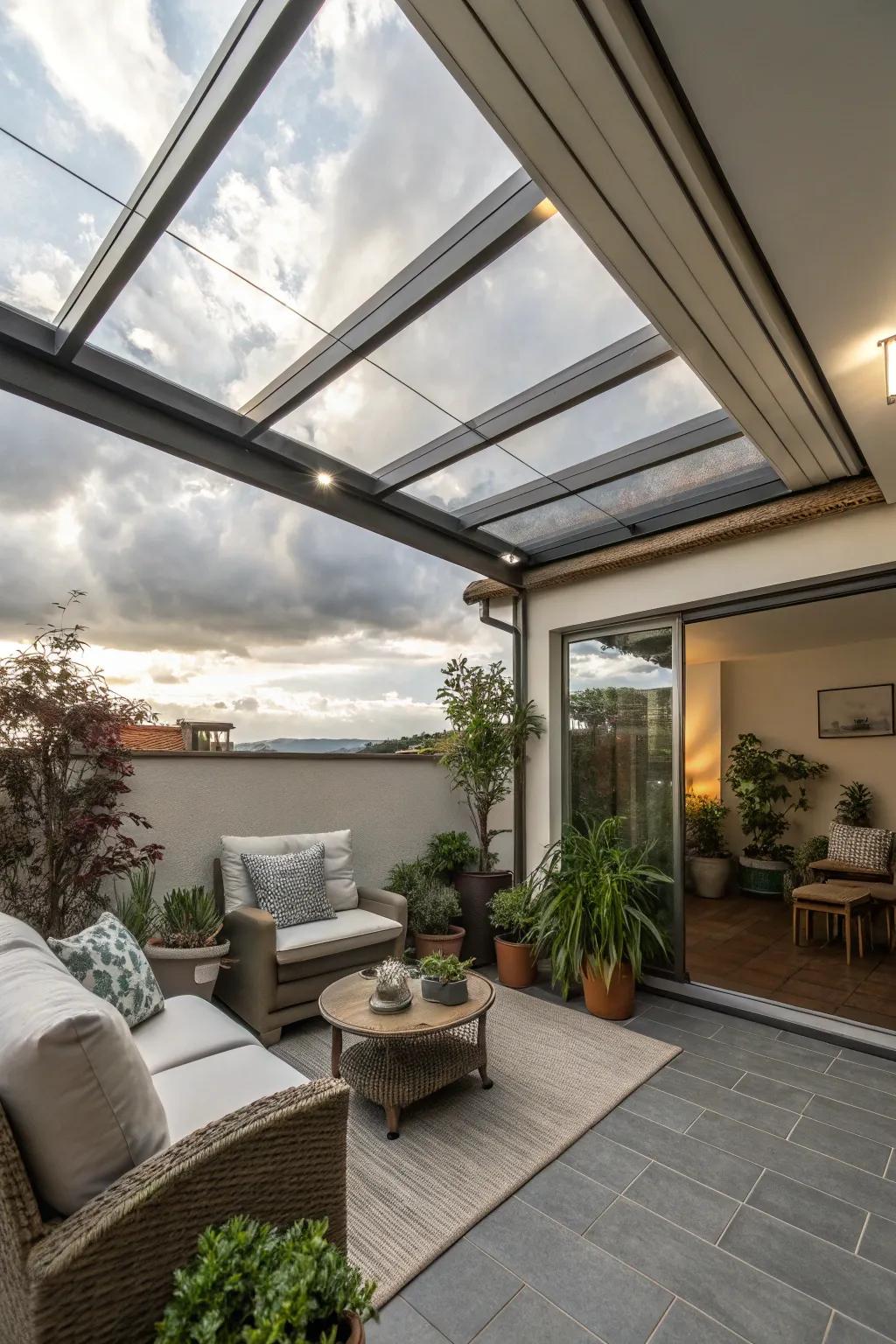 A slide back roof offers flexibility for your indoor patio adventures.