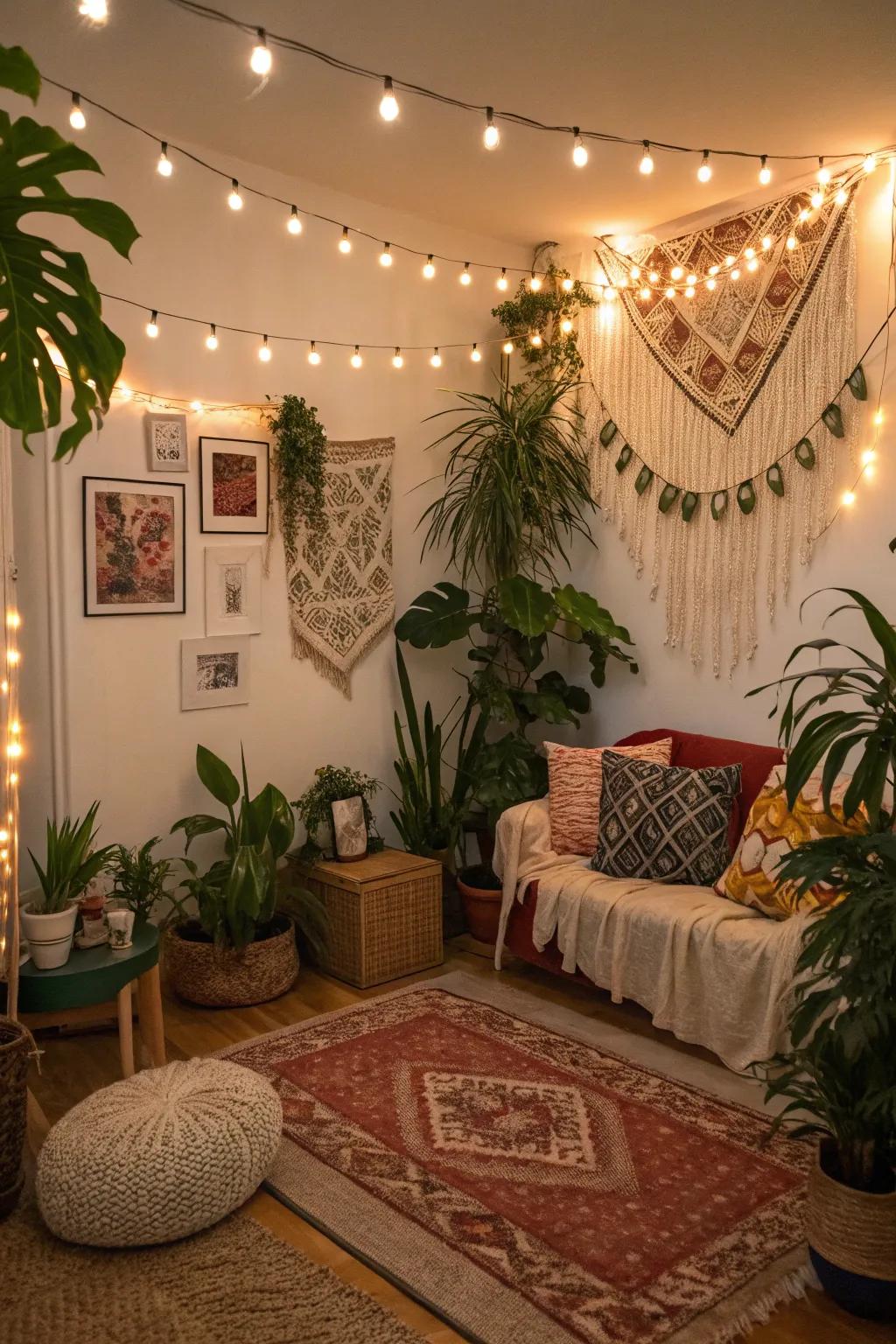 Combine twinkle lights, greenery, and varied decor to obtain a bohemian vibe.