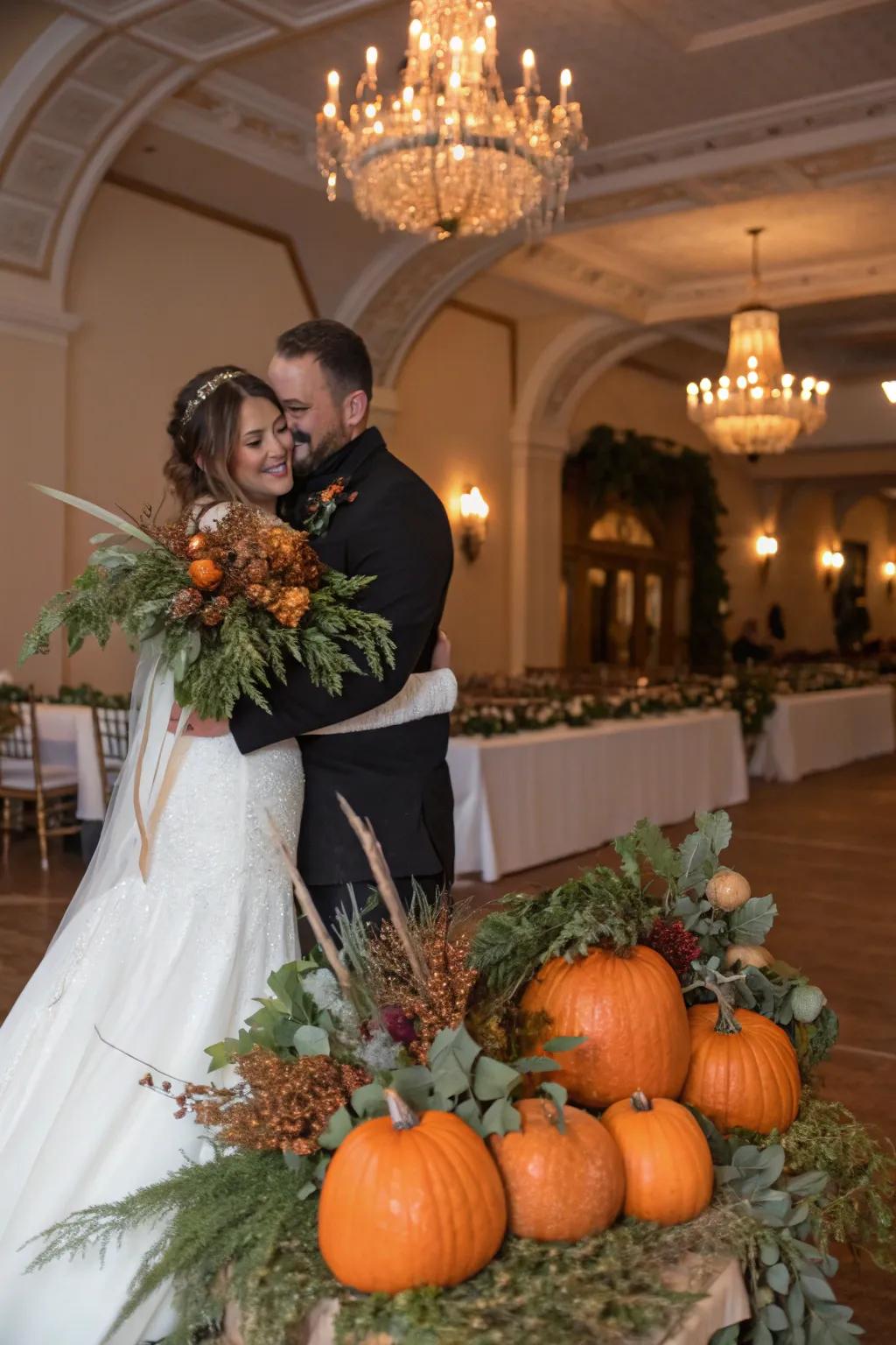 Seasonal decorations inject a festive element into wedding portraits.