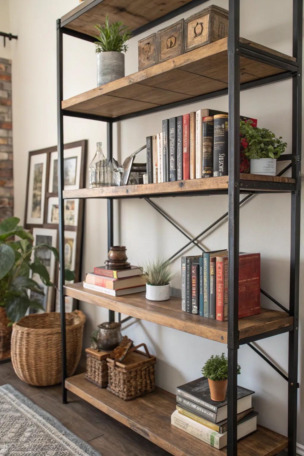Accessible shelving provides practical storage with industrial flair.