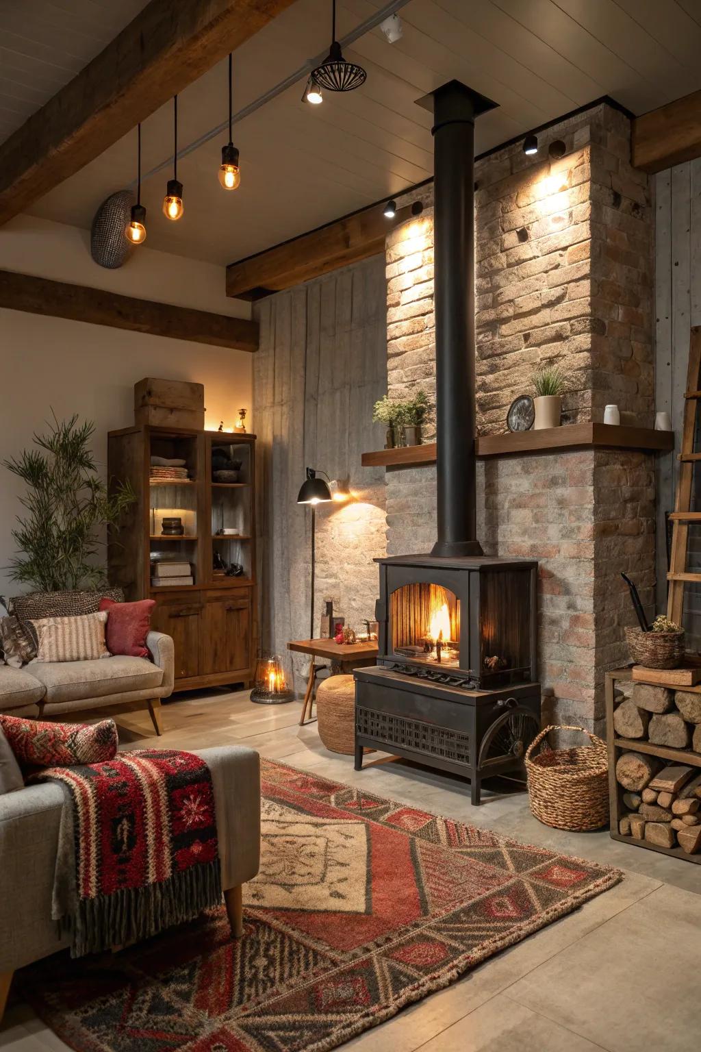 An inviting hearth operates as the epicenter of the dwelling.