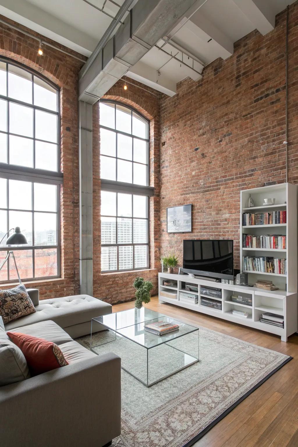 An urban loft-inspired open-plan living area featuring a brick wall, exuding spaciousness and style.