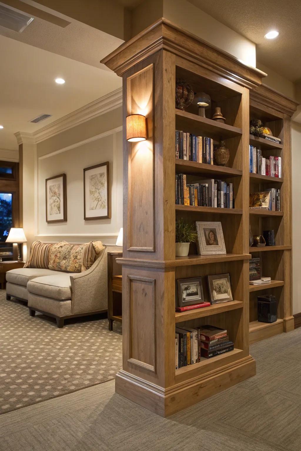 Shelves attached to columns enhancing the look and practicality.