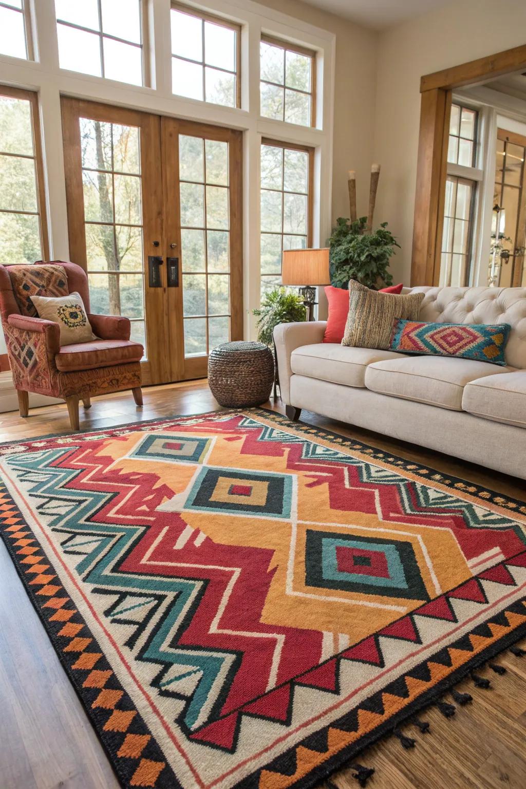 An eye-catching floor covering anchors the living space with style.