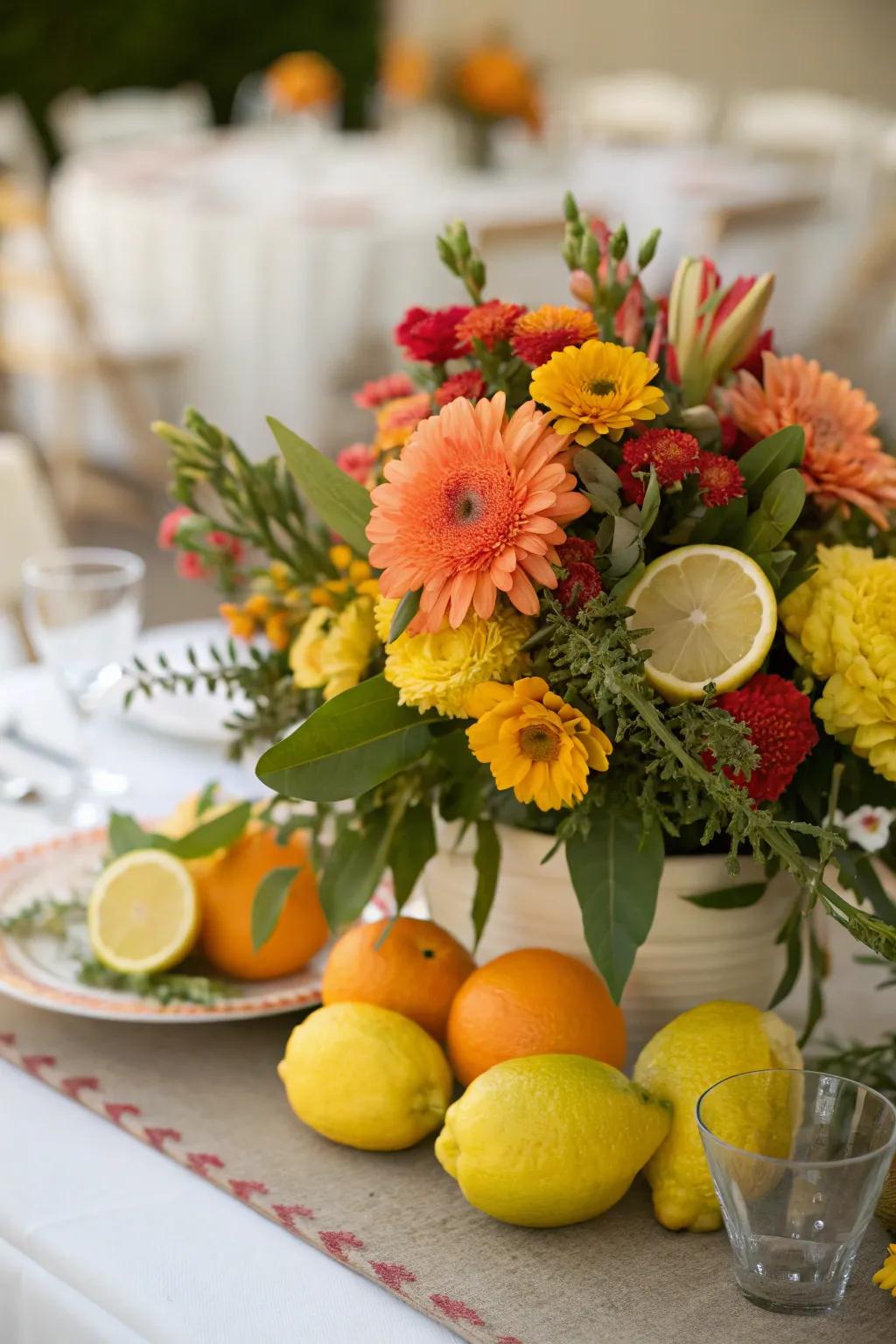 Floral and fruit focus pieces introduce vibrant color to your table.