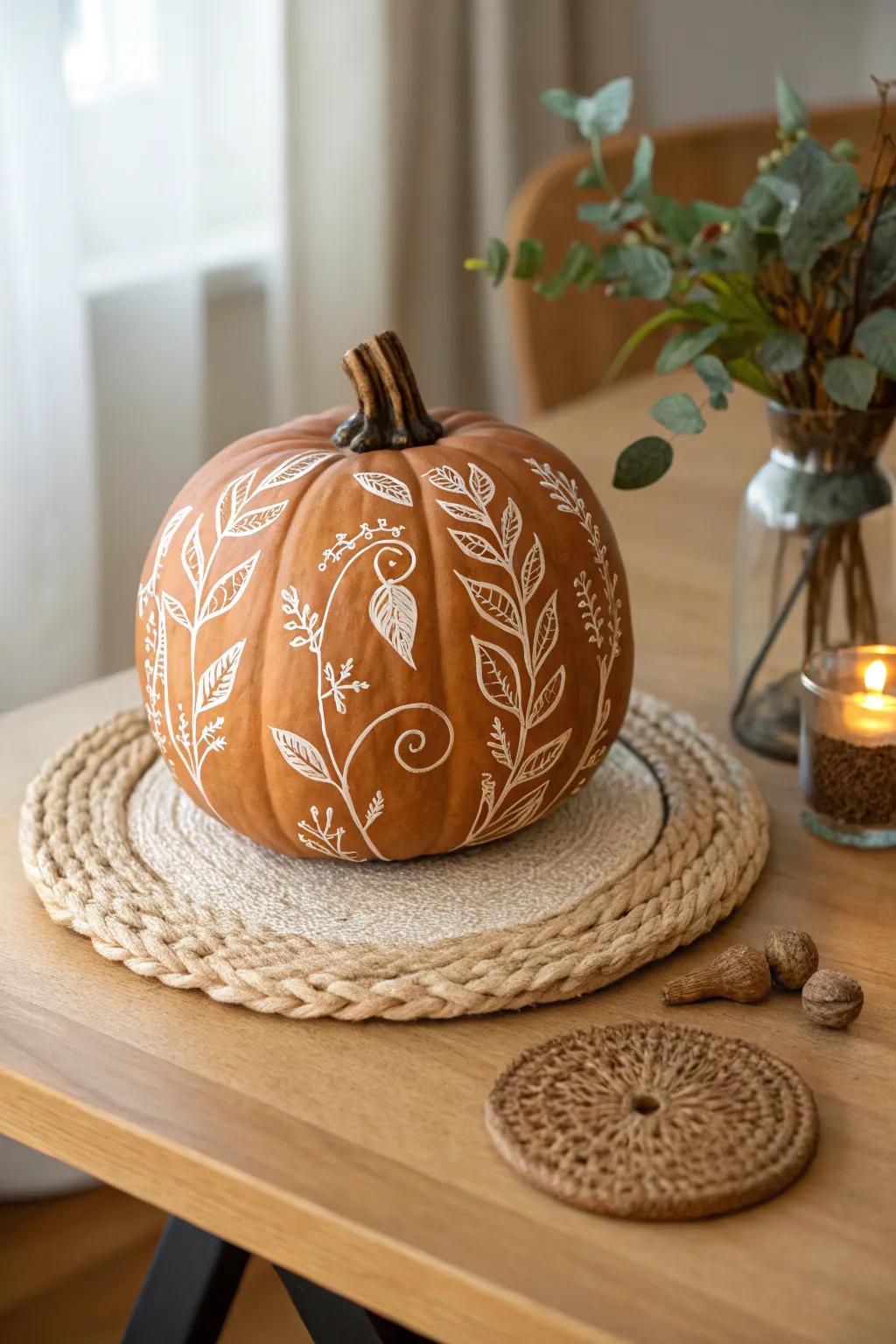 Enhance your fall decorations with a touch of nature: plant engraved pumpkin perfection!