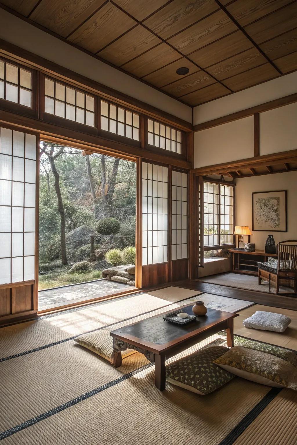 Expansive windows bring abundant sunlight into this Japanese living room.