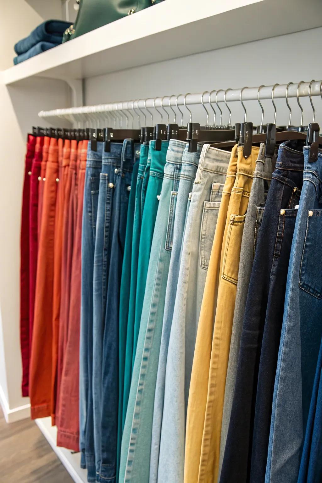 Color-coding your jeans creates a visually appealing and functional closet.