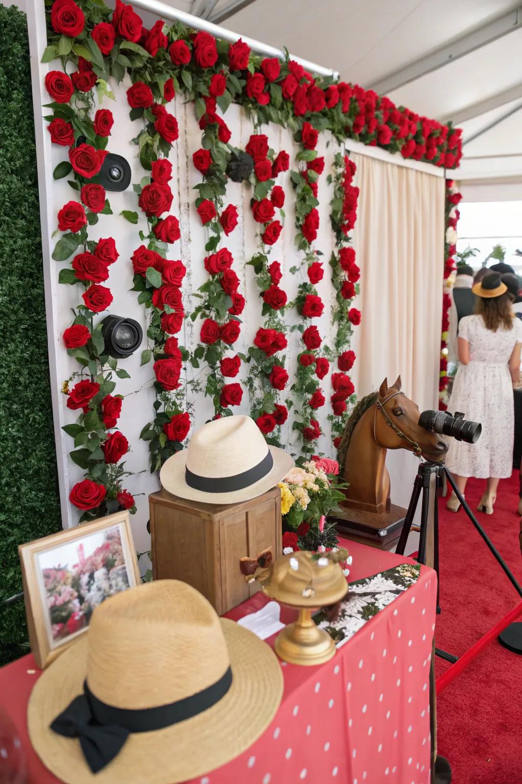 A festive photo booth featuring a rose backdrop for memorable Grand National moments.