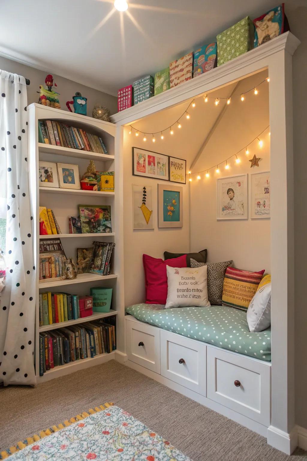 A reading space welcomes children into a realm of narratives.