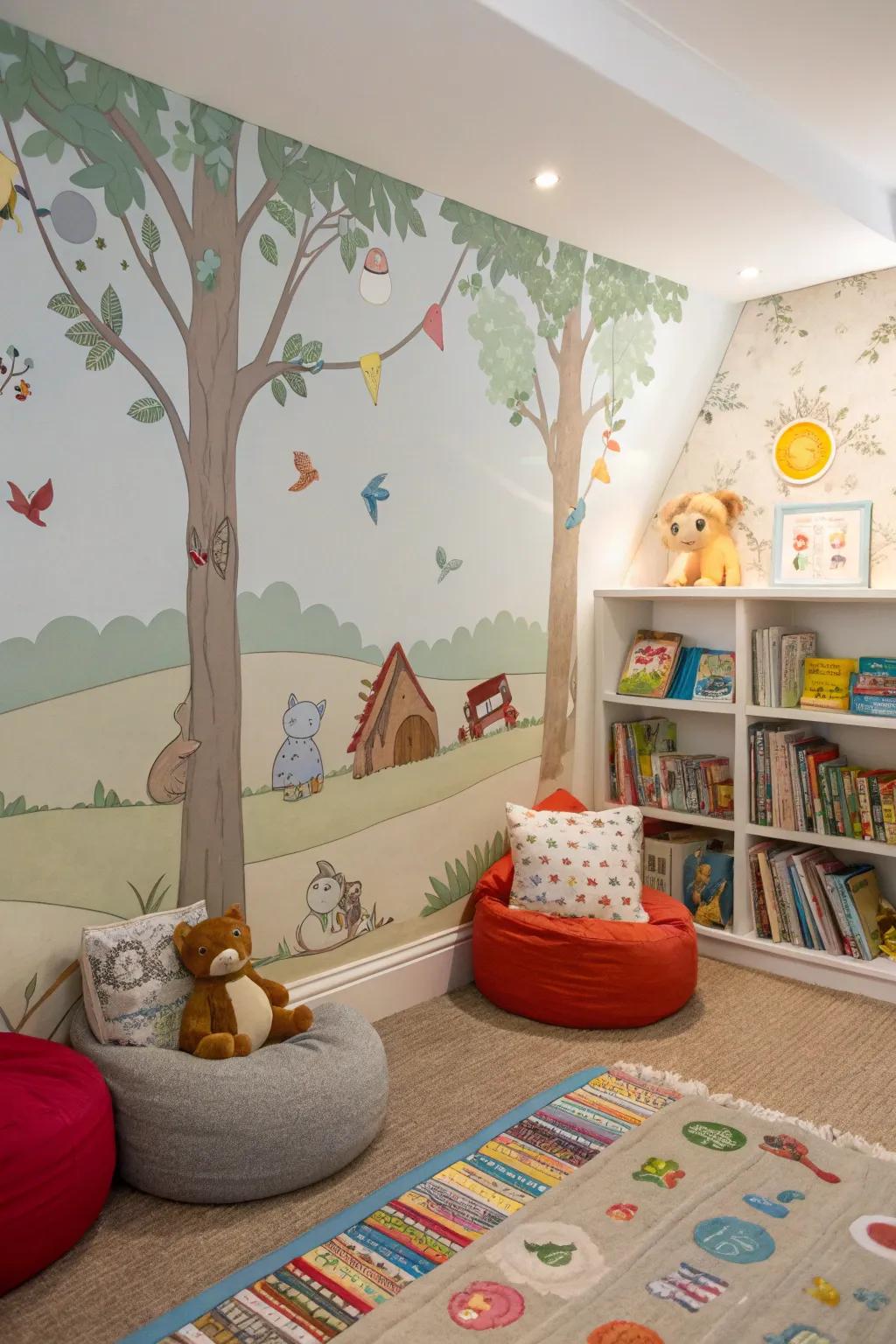A relaxed reading alcove inside a playroom elevated by narrative-themed wall decor.