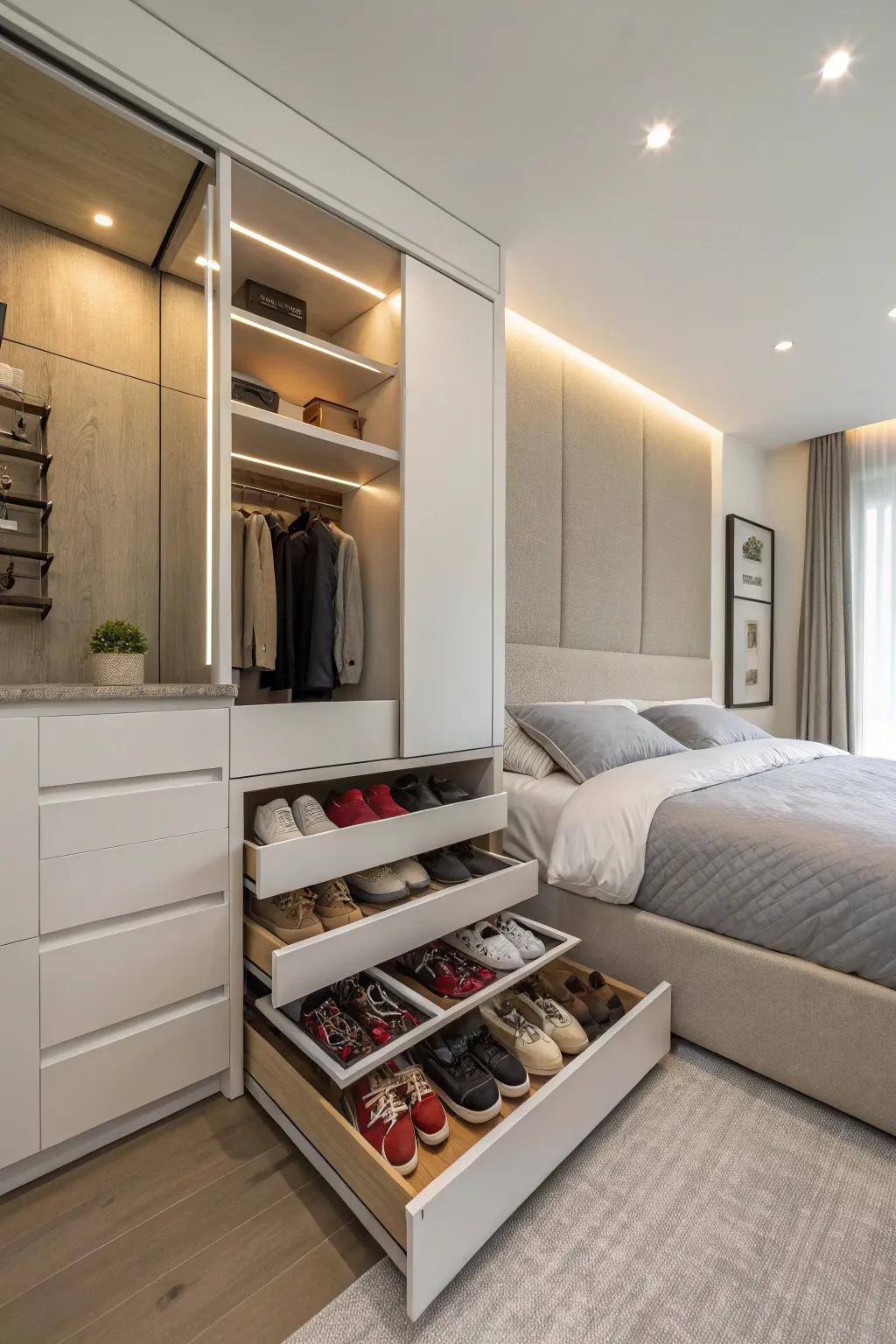 Shoe drawers give a sleek and tidy appearance.