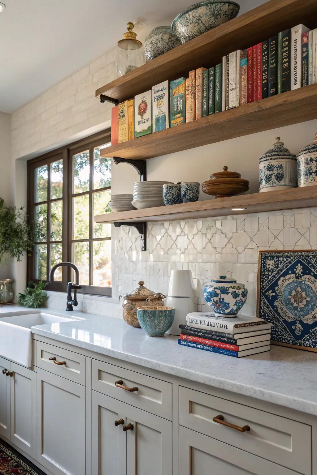 Decorative objects can be displayed in a chic way on floating shelves.