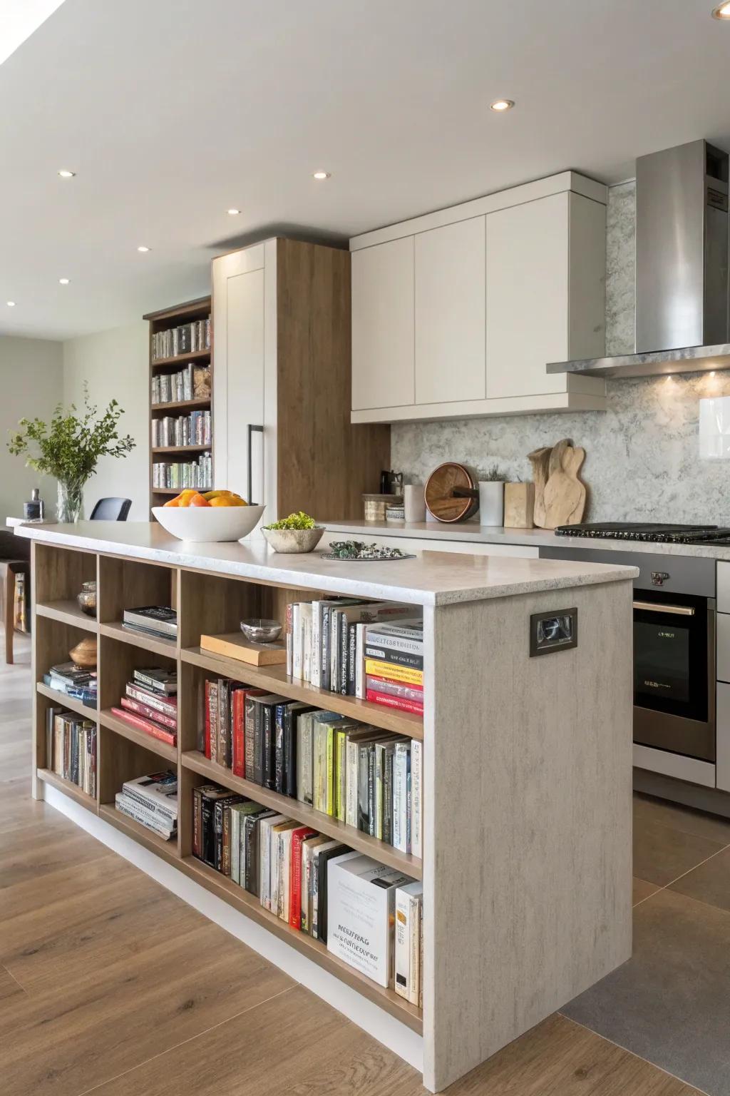 Integrated shelving introduces practicality and flair to this cooking island, ideal for display and storage.