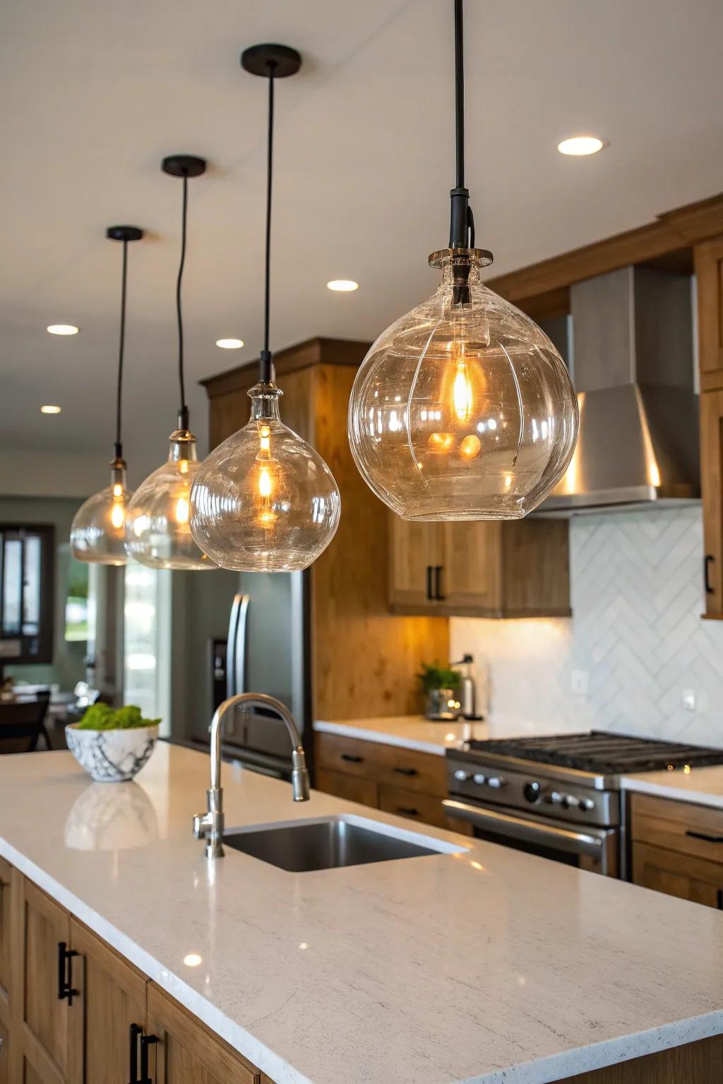 Glass pendants introduce an airy and creative essence.