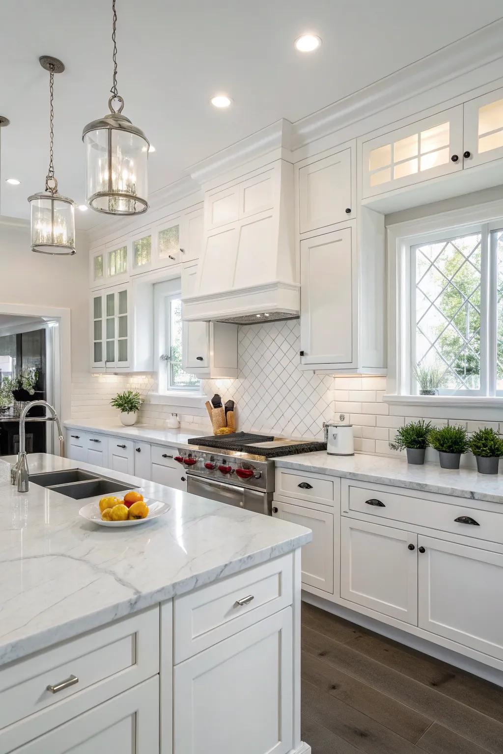 Pristine walls establish a seamless and bright cooking space.