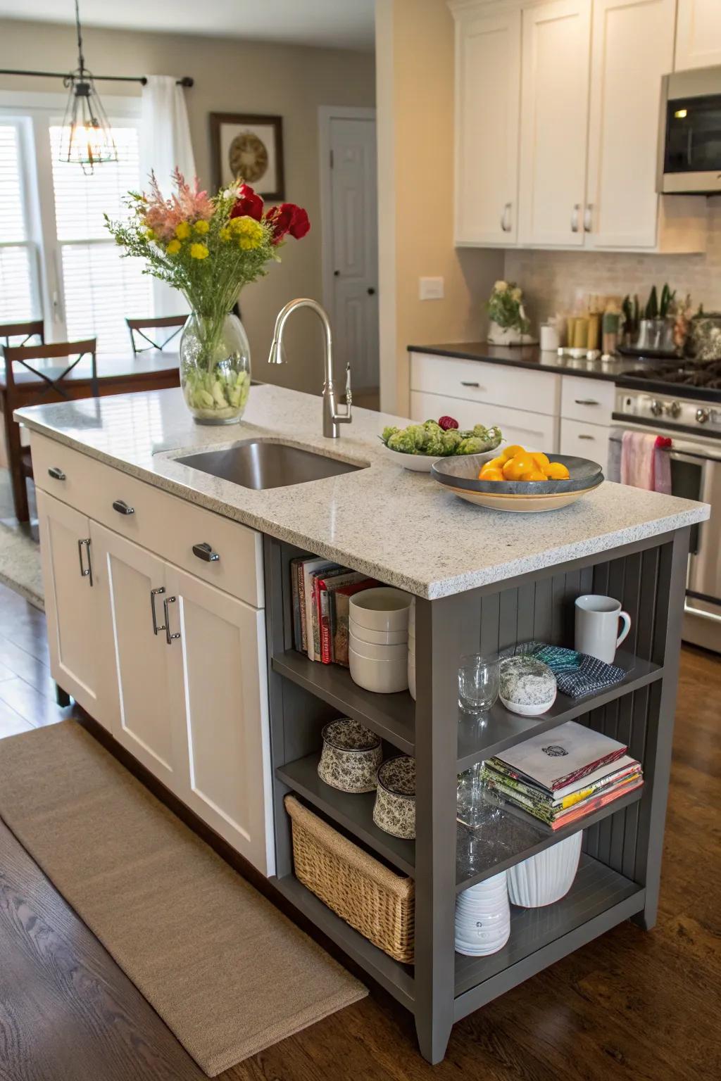 A cooking area island that combines practicality and design.