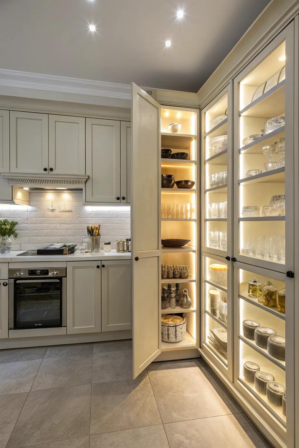 Find what you need easily using inside cabinet lighting.