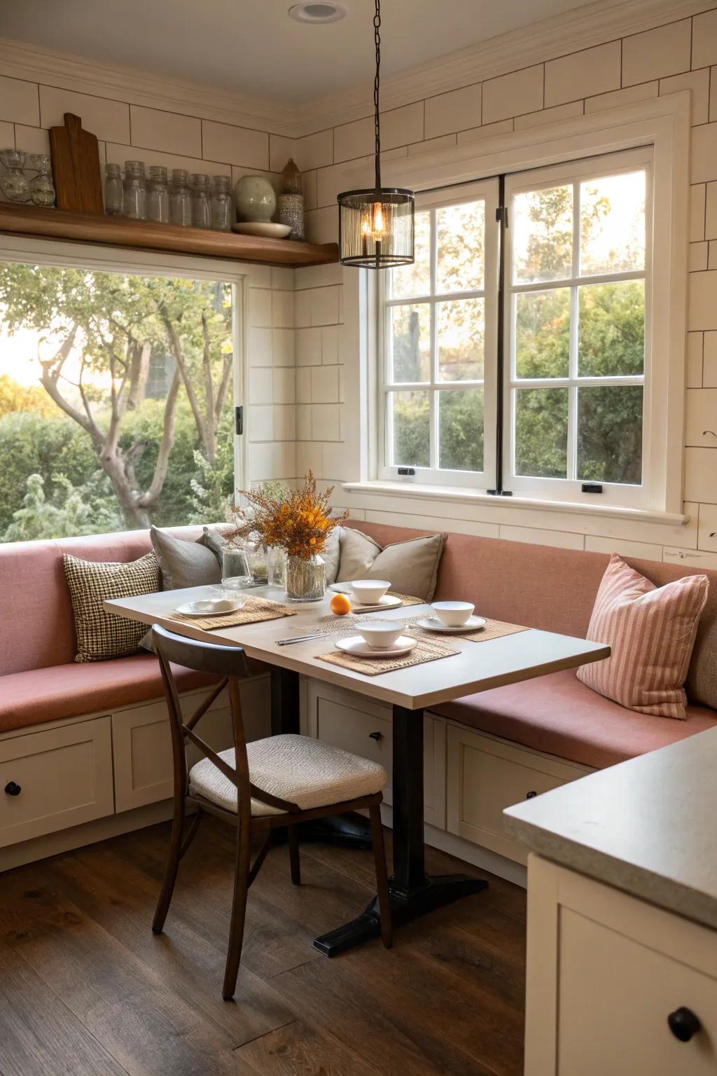 Bench seating offers comfort and efficient use of space.