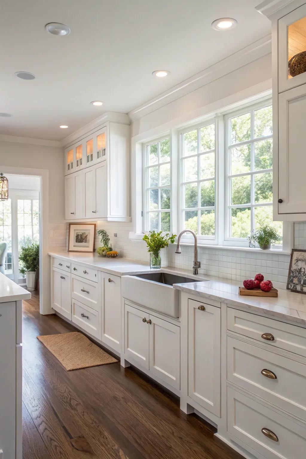 Subdued colors improve the kitchen's spaciousness and brightness.