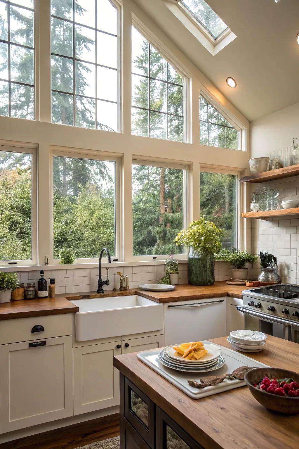 A culinary expanse suffused with illumination emanating from elevated clerestory panes.