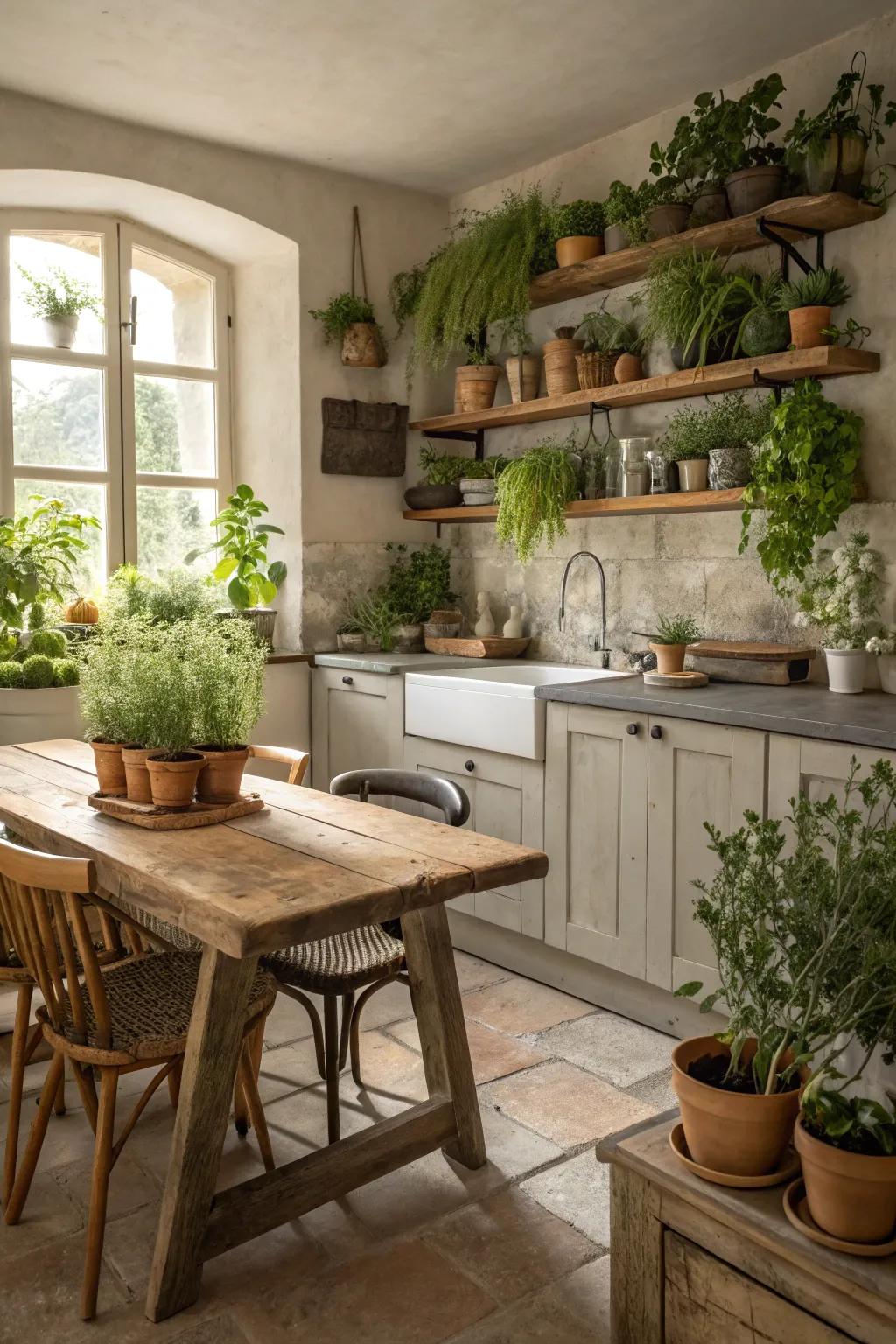 In a kitchen without windows, natural elements give freshness.