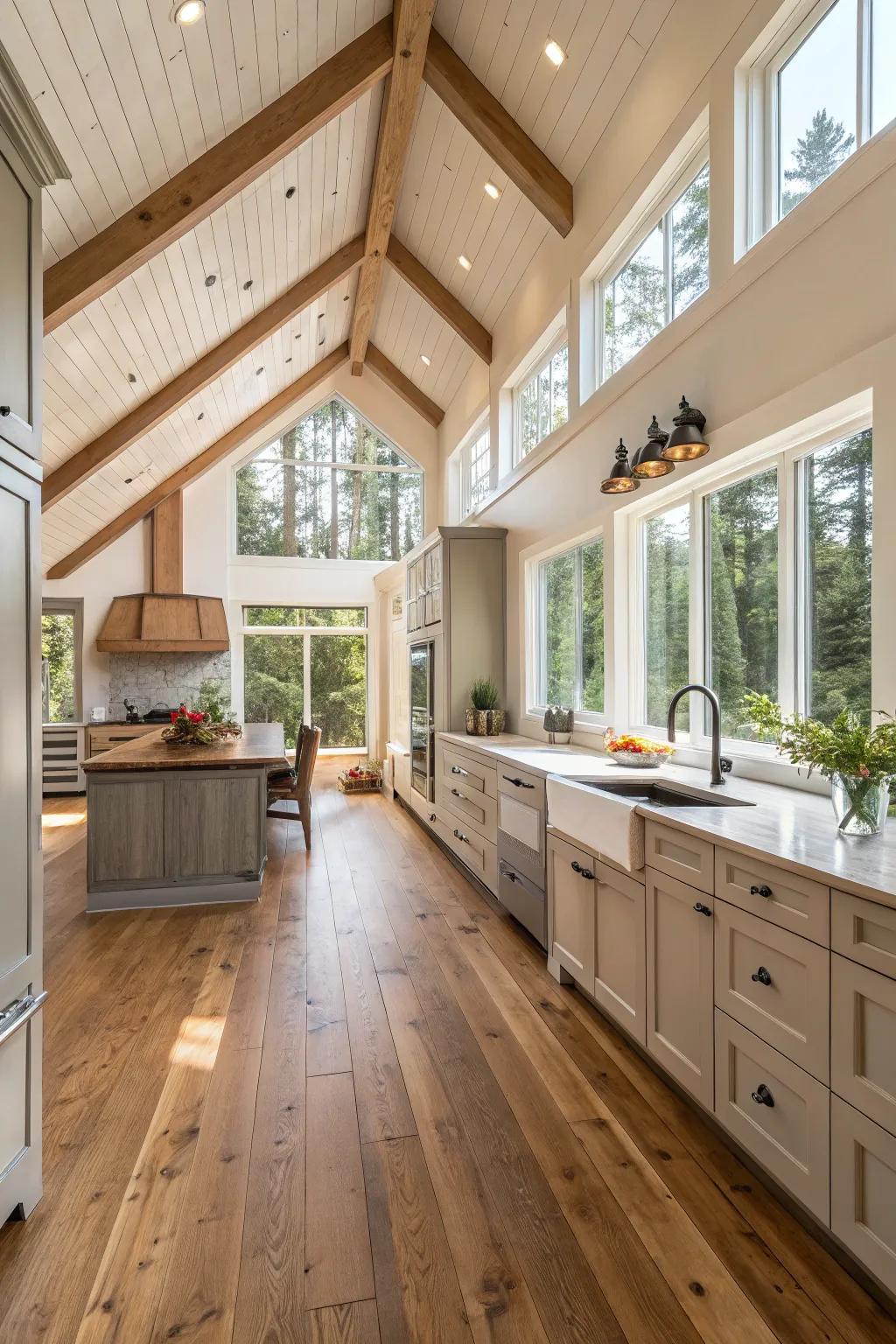 Wood features add warmth to this kitchen with its high ceiling.
