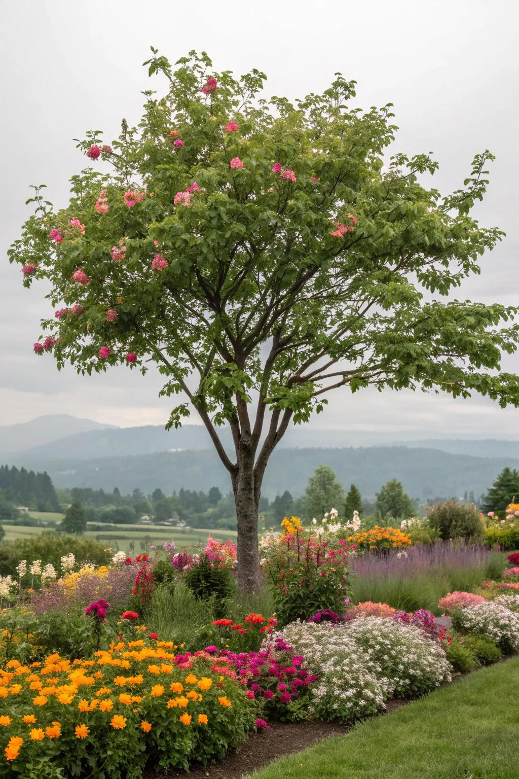 Enduring blooms grant lasting charm and effortless upkeep around trees.
