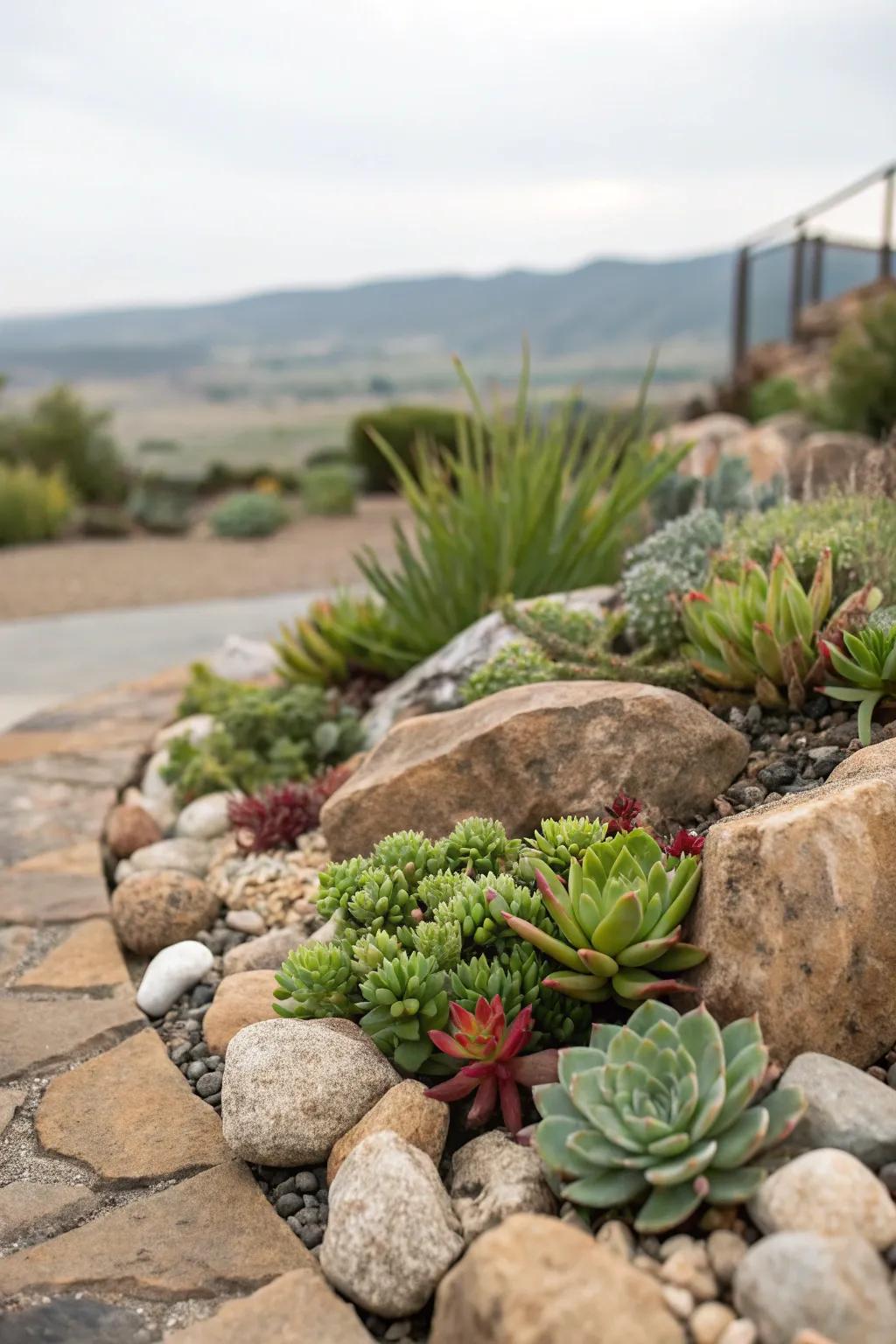 Rockeries with simulated plants offer timeless beauty.