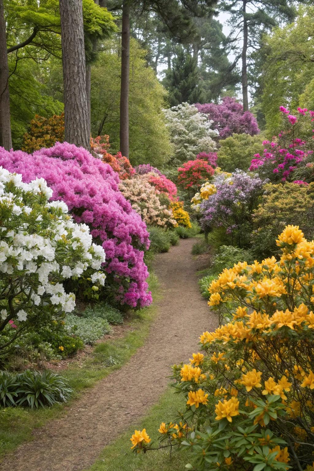 A garden showcasing rhododendrons augmented with periodic blooms.