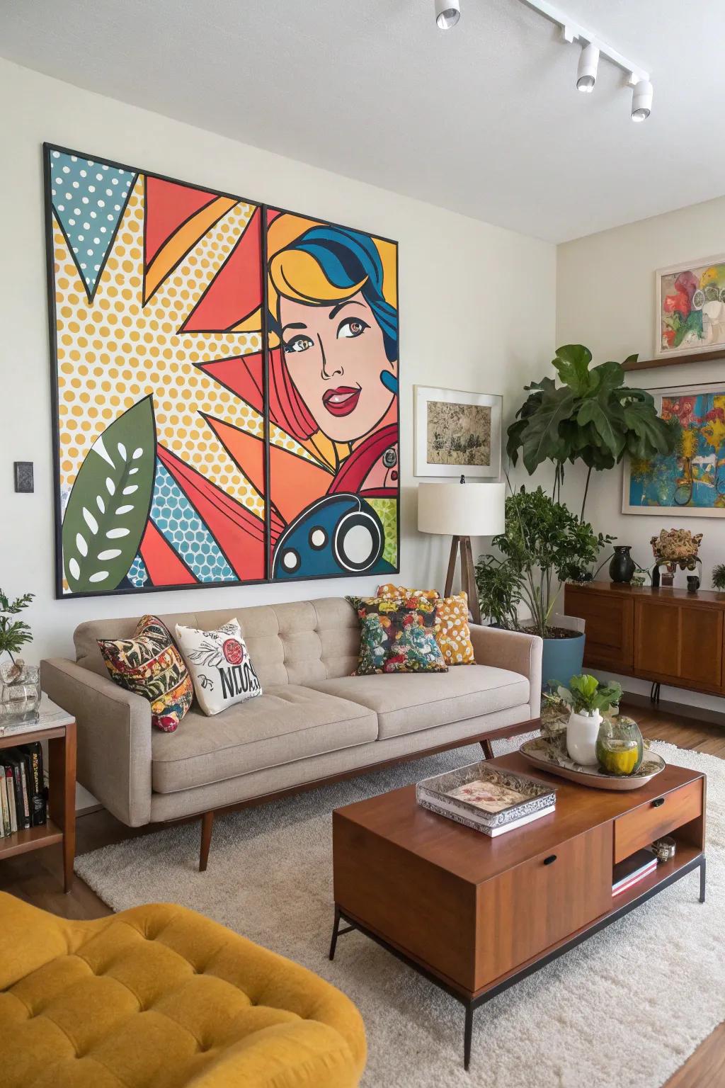Retro pop art infuses the space with nostalgic charm and vibrant energy.