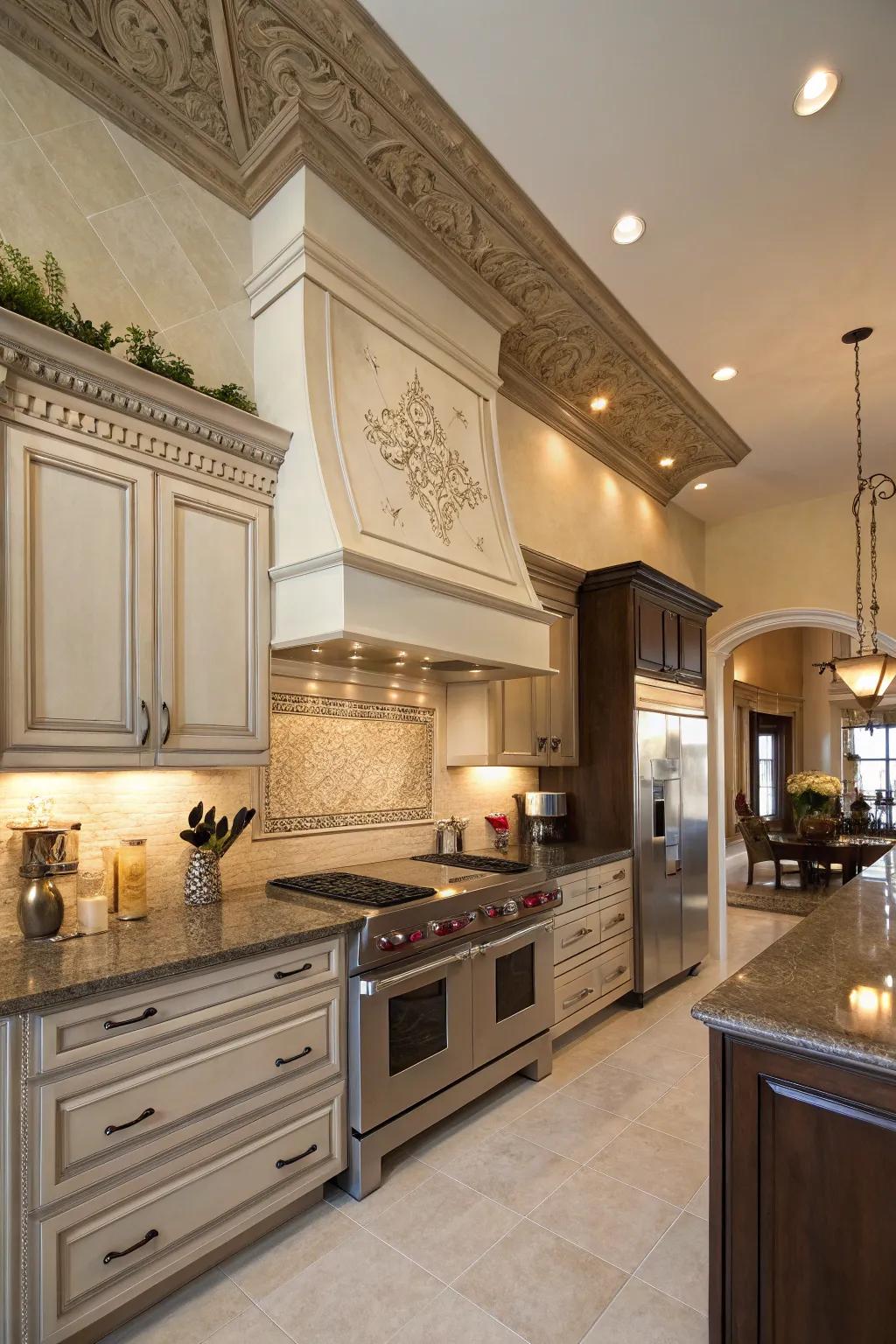 A culinary space featuring ample sized crown shaping, incorporating class to its useful layout.