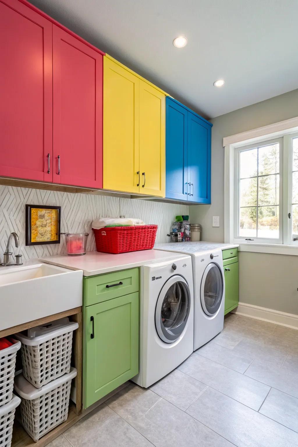 Bold cabinet colors bring vigor and individuality to the laundry room.