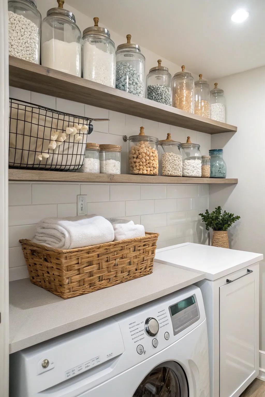 Wall shelves offer useful storage with a decorative touch.