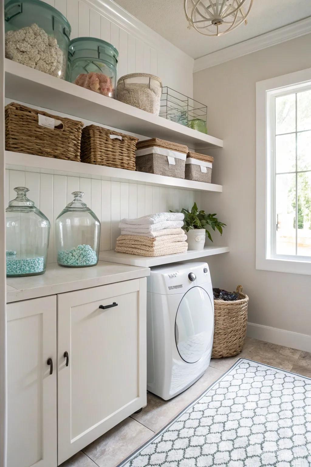 Stylish storage options with floating shelves.