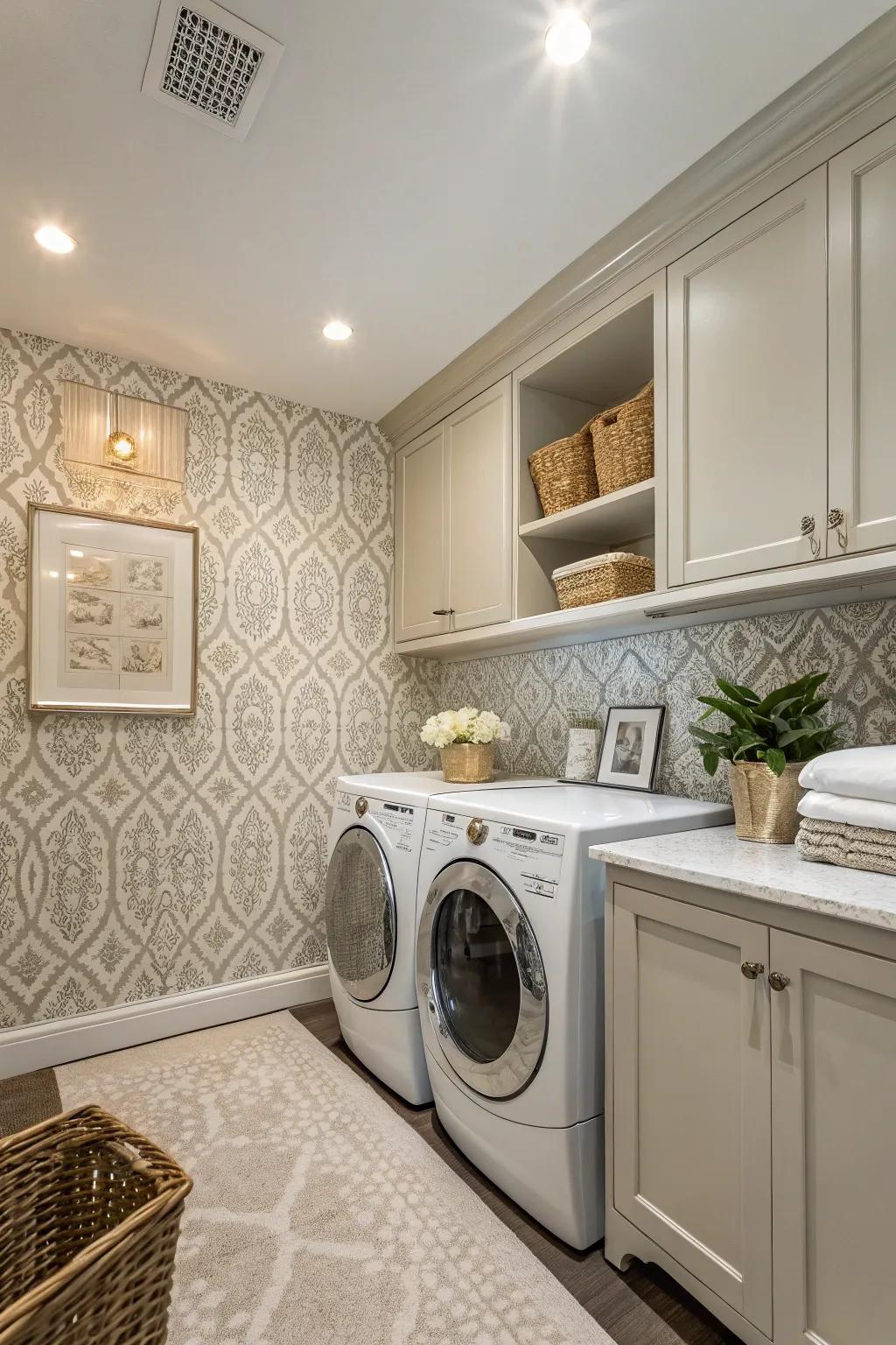 Textured wallpaper adds depth and sophistication.