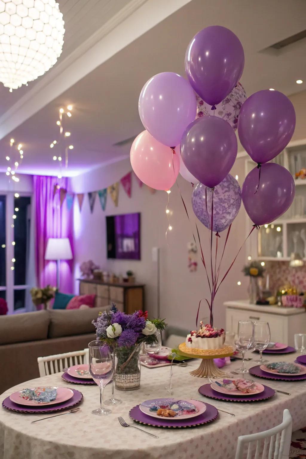 A festive event setup adorned with purple balloons and dinnerware.