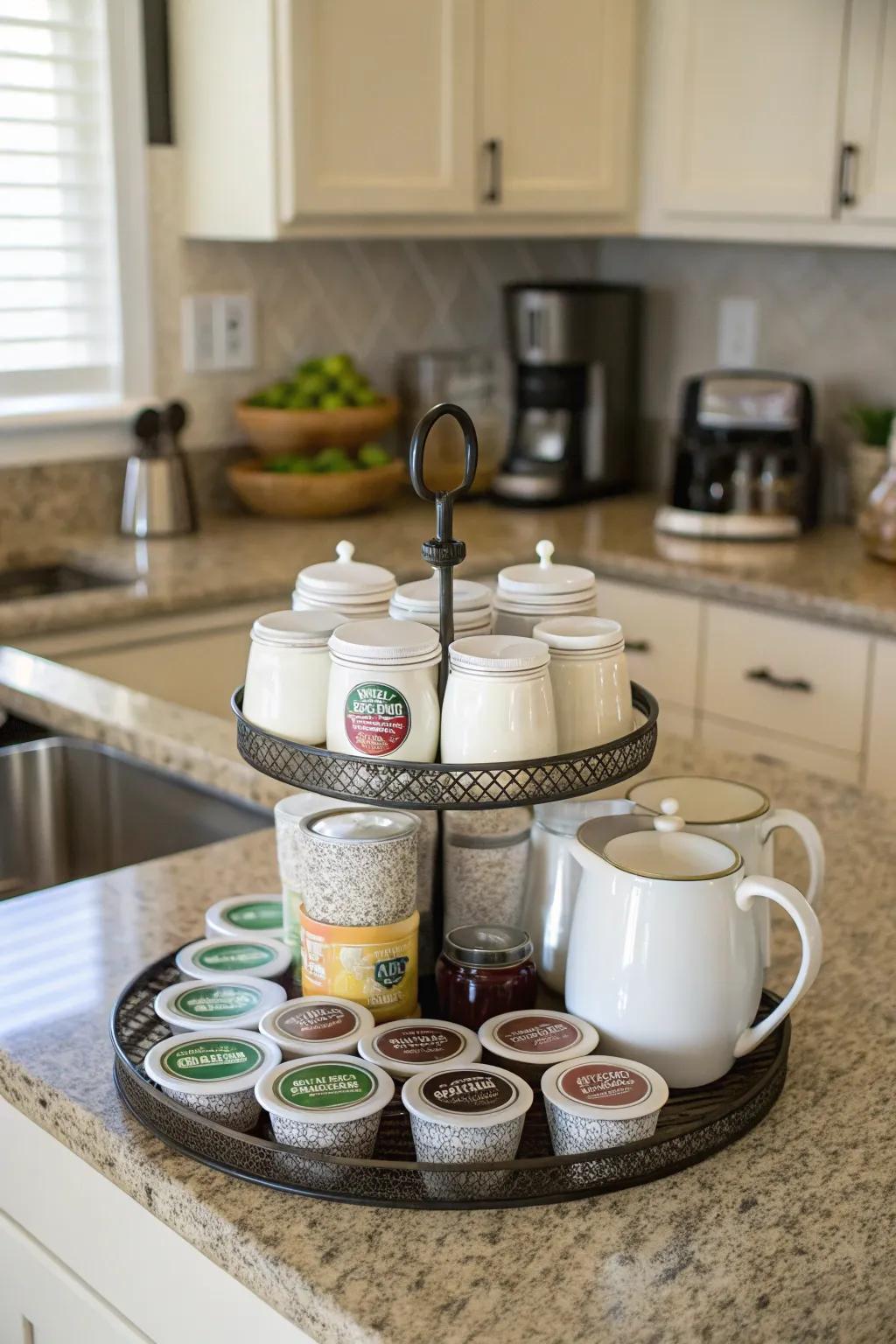 Create a convenient coffee corner with a turntable organizer.