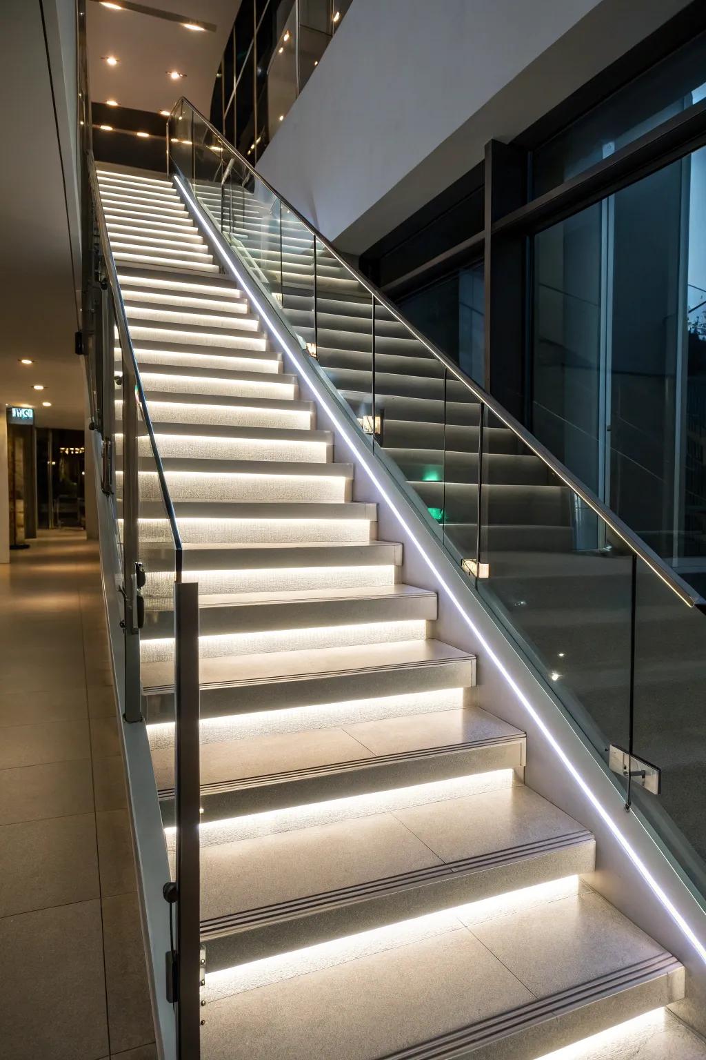 Stairway drama and safety enhanced by LED ribbon lighting.