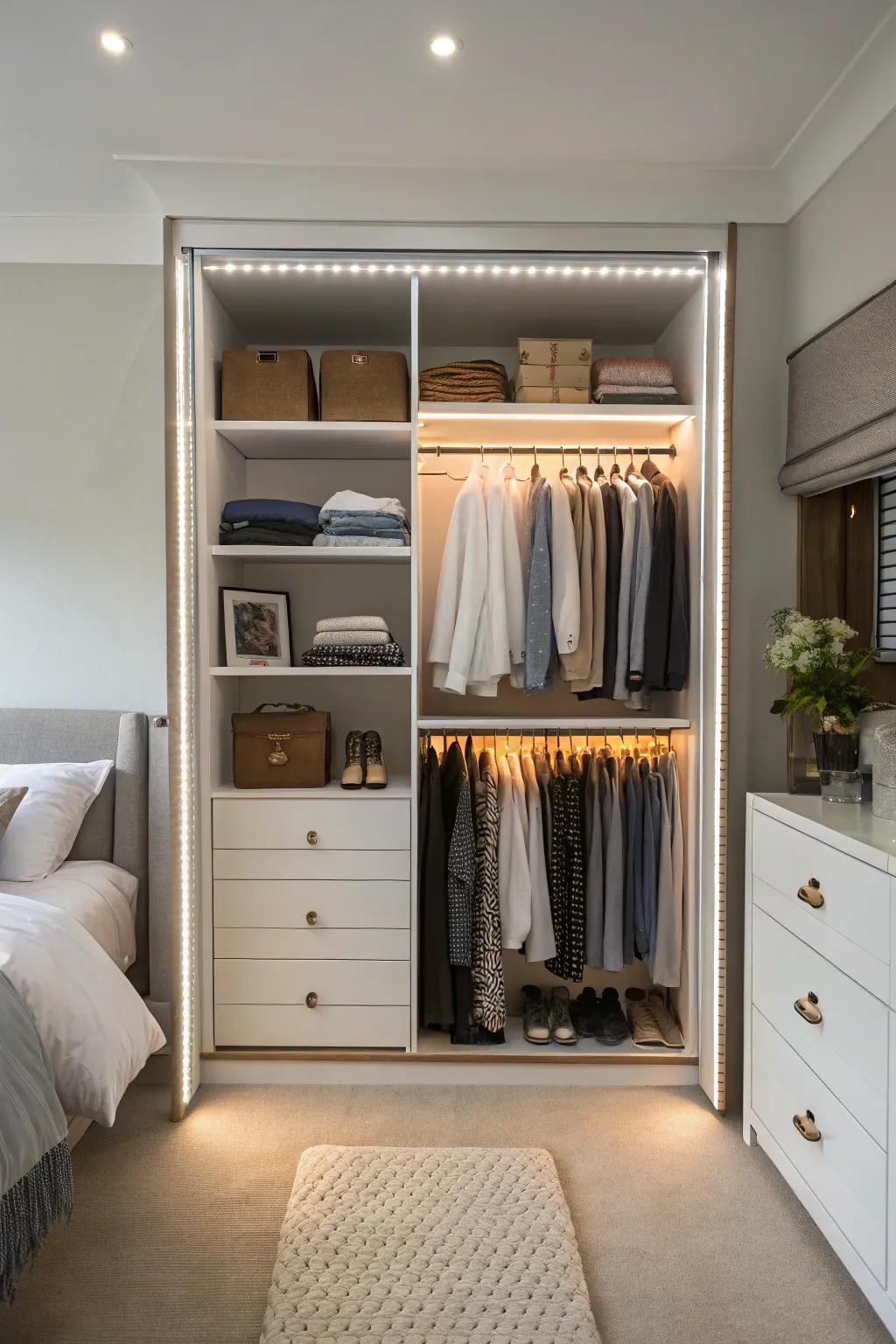 Well-lit closet interiors with luminous diodes bars for flair and convenience.