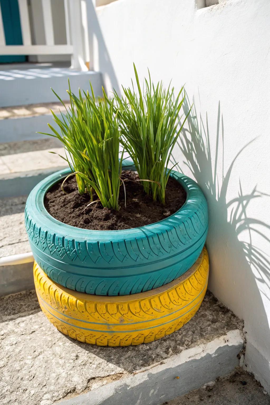 Give old items new life with this recycled wheel cover planter!
