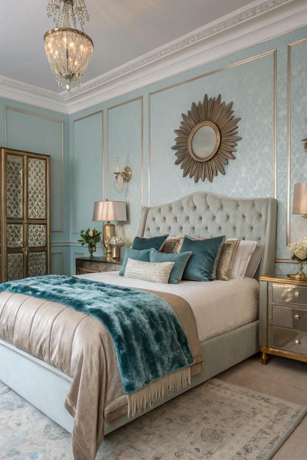 A glamorous bedroom featuring metallic accents against a light blue backdrop.