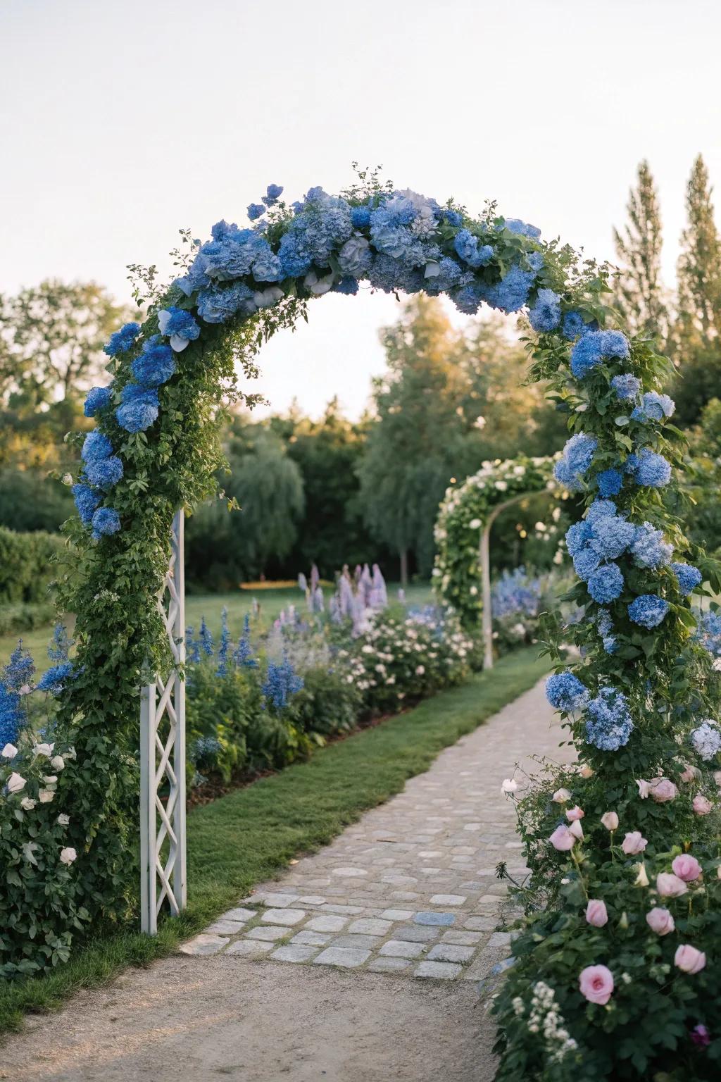 A dreamlike matrimonial arch adorned with azure spires.