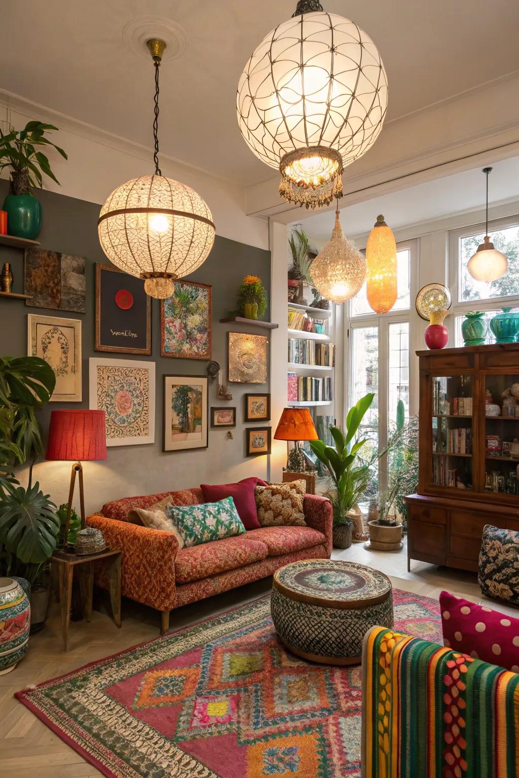 An eclectic mix of light fixtures creates a unique style.