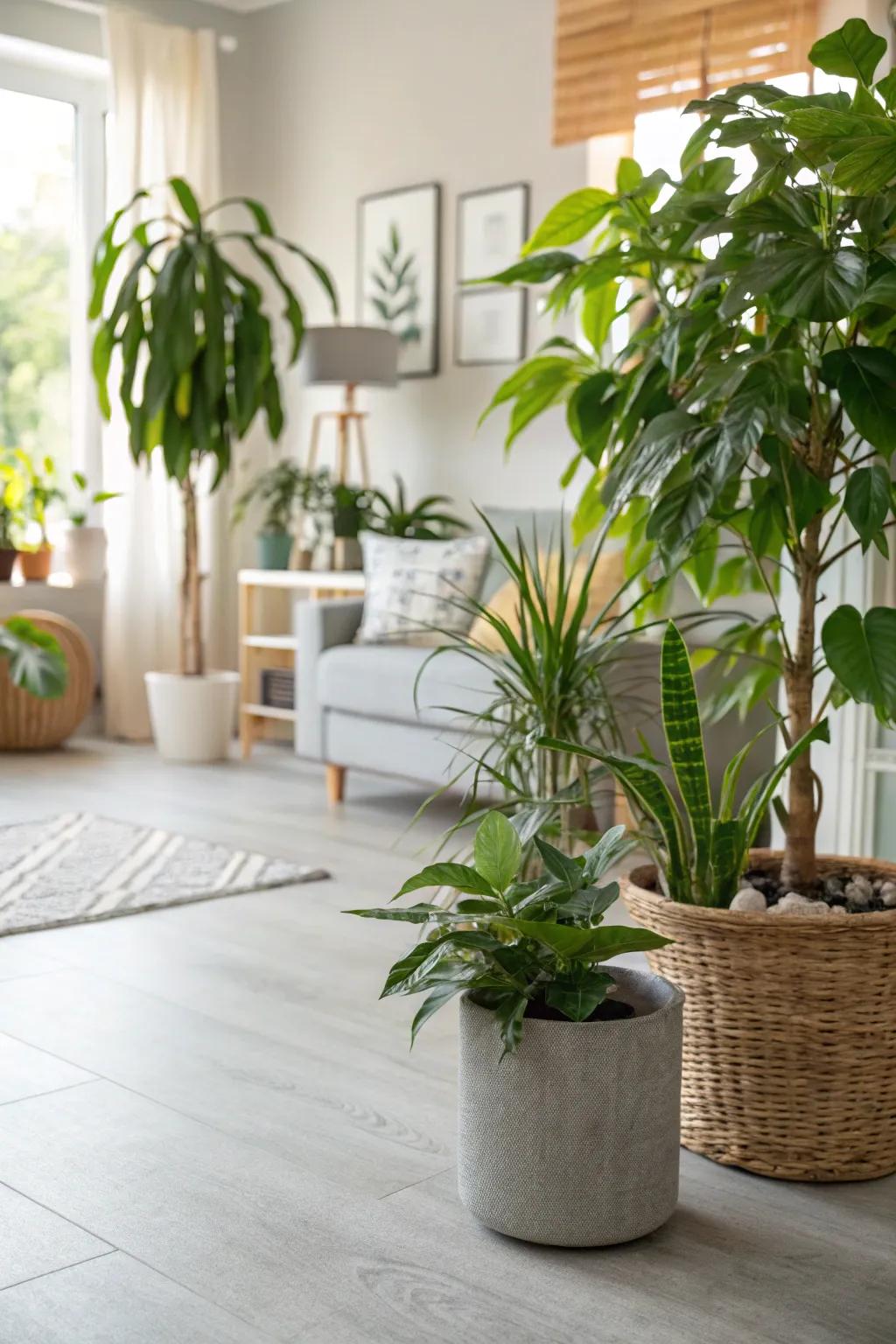 A refreshing living room with light grey flooring and vibrant plants.