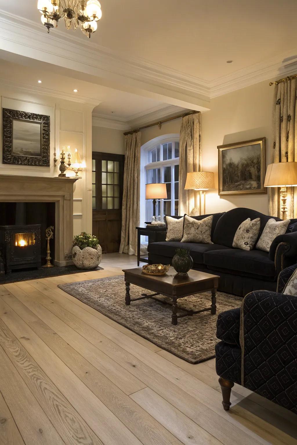 A living room with dark furniture that provides a striking contrast to the light wood floors.