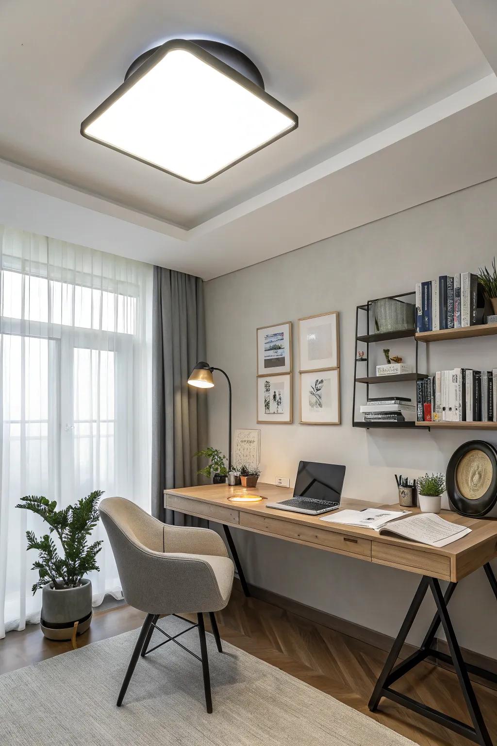 Overhead Fixtures provide broad illumination for workspaces.