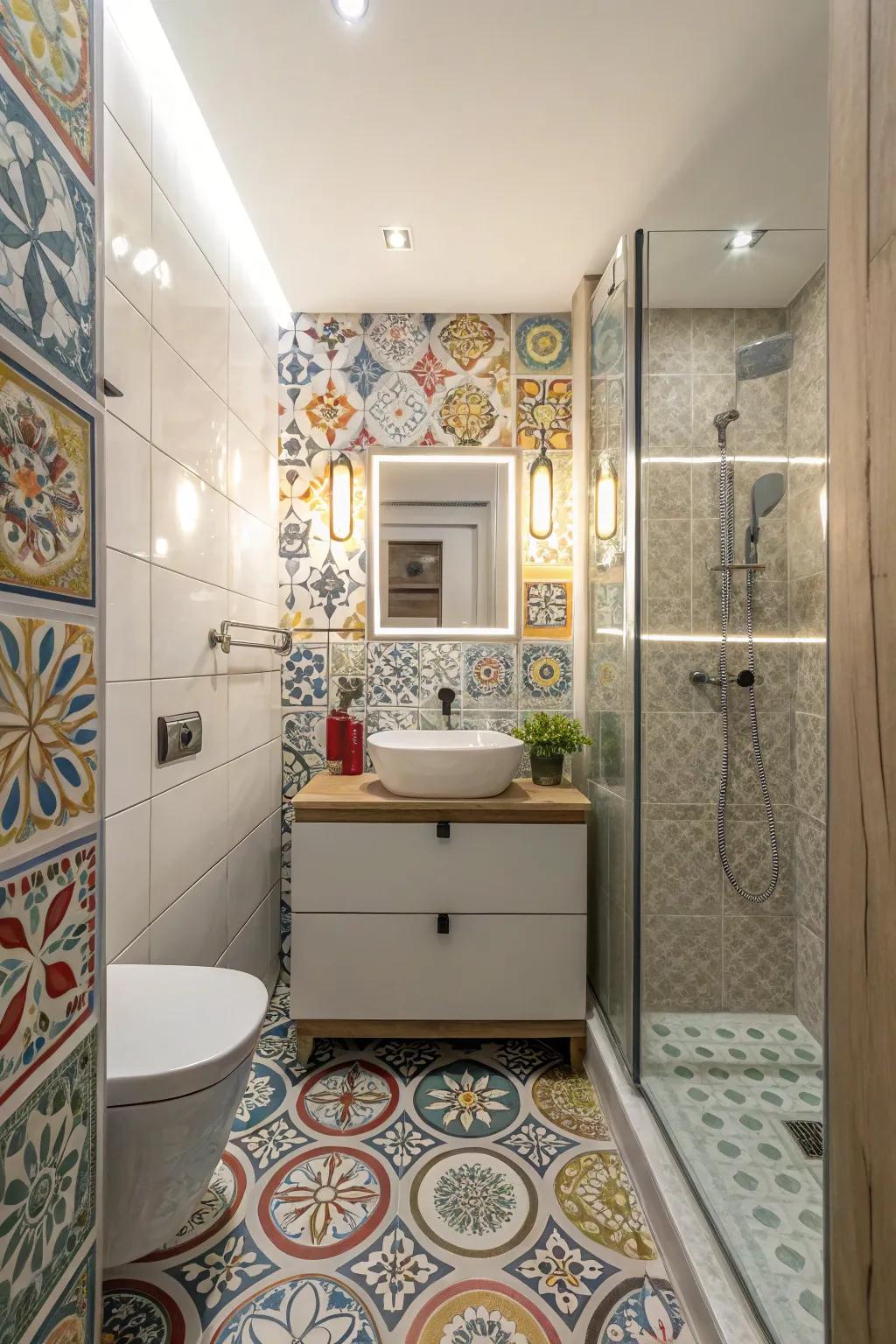 Unique tiles infuse character into a small bathroom.