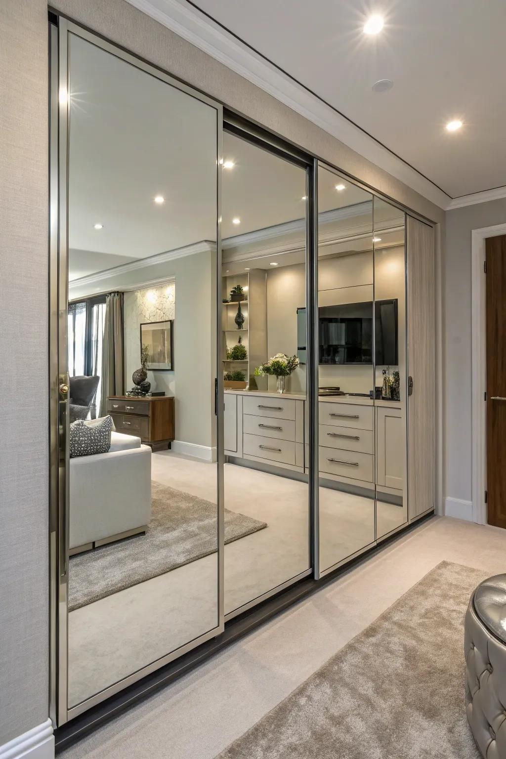 Reflective panels add elegance and the illusion of space to a linen closet.